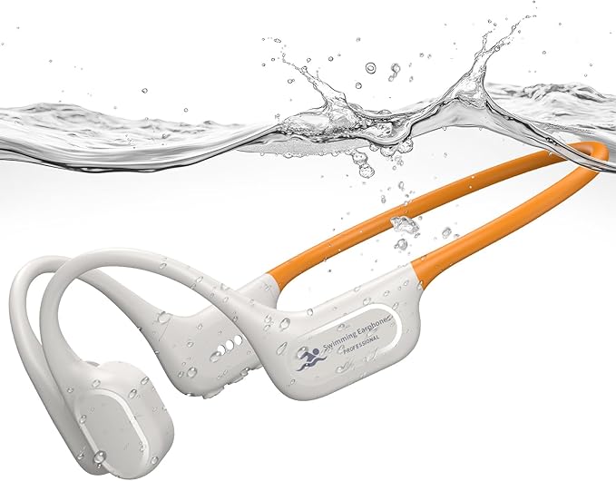 Bone Conduction Swimming Headphones, IP68 Waterproof Earbuds with 32GB MP3, Bluetooth 5.4 Open Ear Sport Earphones, Underwater Headphones for Swimming, Running, Cycling, Marathon-SurfAudio(Beige)
