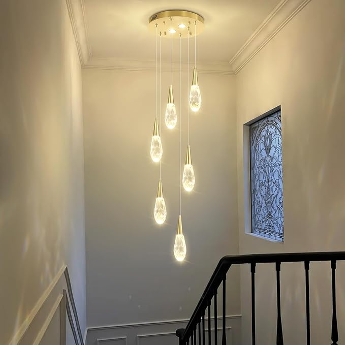 Modern Crystal Chandelier 6-Lights Pendant Chandeliers for Staircase Chrome Kitchen Pendant Light Fixture Hanging Lighting for Dining Room Living Room Bedroom Entryway