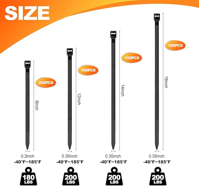 8''+12''+14''+18'' Zip Ties Assorted Sizes, 500 Pack 200 LBS Black Cable Ties - Heavy Duty Nylon Wire Ties, Self-Locking, UV Resistant for Indoor/Outdoor Use