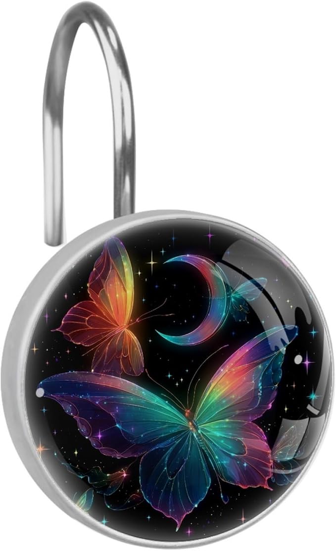 12 Packs Starry Sky and Fantasy Butterfly Shower Curtain Hooks, Stainless Steel Glass Shower Curtain Rings for Bathroom Decor, Metal Rustproof Curtain Rod Hooks
