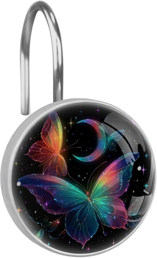 12 Packs Starry Sky and Fantasy Butterfly Shower Curtain Hooks, Stainless Steel Glass Shower Curtain Rings for Bathroom Decor, Metal Rustproof Curtain Rod Hooks