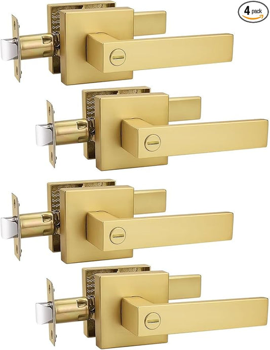 4 Pack Heavy Duty Gold Square Privacy Interior Door Levers, Satin Brass Finish, Bedroom and Bathroom Door Handles Keyless Bed/Bath Lockset