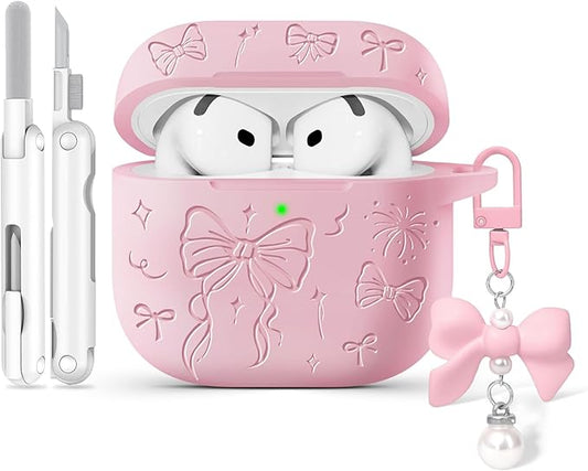 for Airpods 4 Case Cover, Joremx Cute Bow Engraved Silicone Protective Case Cover with Keychain, Cleaner Kit for AirPods 4th Generation Case 2024 (Sakura Pink)