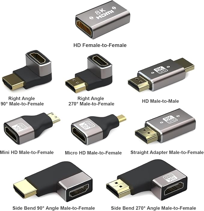 9 Pack HDMI Coupler, 90 & 270 Degree Gold Plated Adapter, Right Angle HDMI Male to Female Vertical Adapter, L Shape Extender, Supports 8K@60Hz, 4K@120Hz, for HDTV, Xbox, PS5