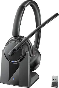 Mopchnic Wireless Headset with Noise Cancelling Microphone, On-Ear Bluetooth Headset with USB Dongle, Mute Function & Charging Base, Wireless Headphones for Work from Office, PC, Call Center