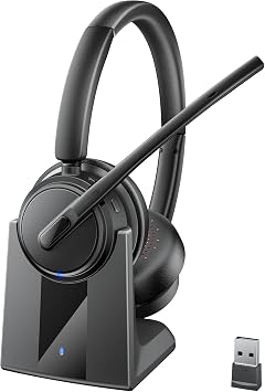 Mopchnic Wireless Headset with Noise Cancelling Microphone, On-Ear Bluetooth Headset with USB Dongle, Mute Function & Charging Base, Wireless Headphones for Work from Office, PC, Call Center