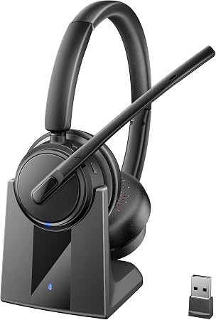 Mopchnic Wireless Headset with Noise Cancelling Microphone, On-Ear Bluetooth Headset with USB Dongle, Mute Function & Charging Base, Wireless Headphones for Work from Office, PC, Call Center