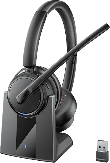 Mopchnic Wireless Headset with Noise Cancelling Microphone, On-Ear Bluetooth Headset with USB Dongle, Mute Function & Charging Base, Wireless Headphones for Work from Office, PC, Call Center