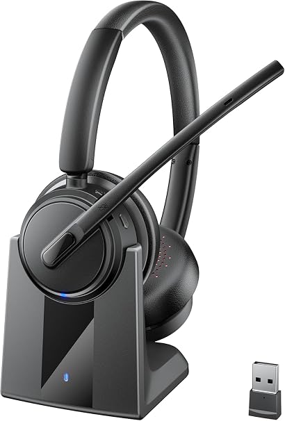Mopchnic Wireless Headset with Noise Cancelling Microphone, On-Ear Bluetooth Headset with USB Dongle, Mute Function & Charging Base, Wireless Headphones for Work from Office, PC, Call Center