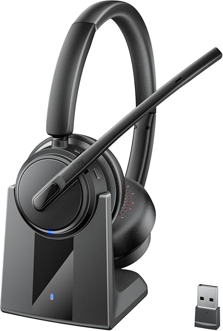 Mopchnic Wireless Headset with Noise Cancelling Microphone, On-Ear Bluetooth Headset with USB Dongle, Mute Function & Charging Base, Wireless Headphones for Work from Office, PC, Call Center