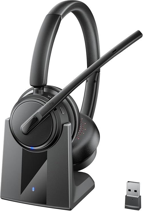 Mopchnic Wireless Headset with Noise Cancelling Microphone, On-Ear Bluetooth Headset with USB Dongle, Mute Function & Charging Base, Wireless Headphones for Work from Office, PC, Call Center