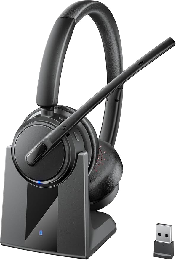 Mopchnic Wireless Headset with Noise Cancelling Microphone, On-Ear Bluetooth Headset with USB Dongle, Mute Function & Charging Base, Wireless Headphones for Work from Office, PC, Call Center