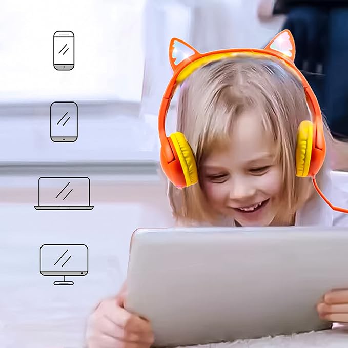 Olyre Kids Headphones, Safe 85db Volume Control Light Up Cat Ear Headphones with Sharing Port for Classroom/Travel/Homeschool, Sparkling Birthday Gifts for Girls & Boys - Orange