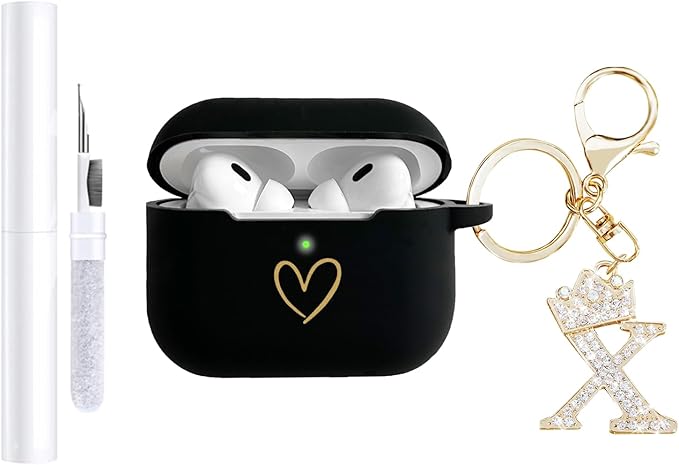Compatible with AirPods Pro 3 Case Cover (2025), Soft Silicone Case with Gold Heart Pattern for AirPods Pro 3rd Generation Case with Rhinestone Studded Letter A-Z Keychain (X Black)