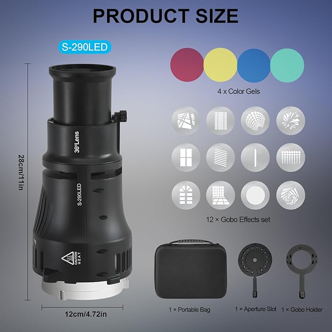 WELLMAKING Bowens Mount Optical Snoot Conical S-290LED Kit. 2 Times Brighter, Adjustable Focus Lens, Aperture Modifier and 12 Gobos; for Photography, Studio Video, only suitfor LED Continuous Lights