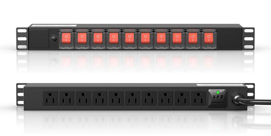 10 Outlet Rack Mount Power Strips with Individual Switch,1U Rack Mount PDU Power Strip for Network Server Racks - Surge Protection - 110V/15A - 6ft Power Cord