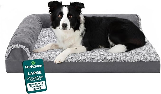FurHaven Cooling Gel Dog Bed for Medium/Large Dogs, L-Shaped Chaise with Cool Gel-Top Foam & Solid Orthopedic Foam Base for Joint Support, Washable Cover, Large, Plush & Suede, Stone Gray