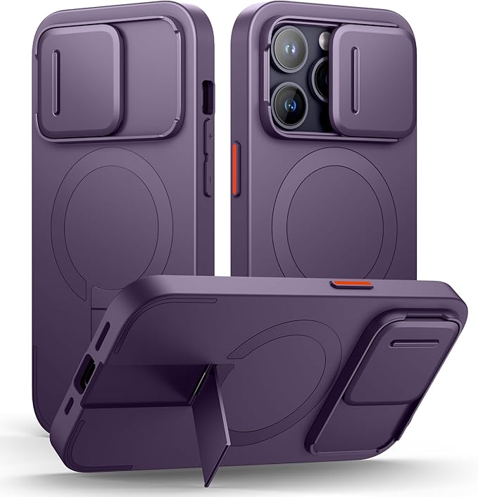 SURITCH for iPhone 14 Pro Case with Magnetic Camera Slide Cover and Adjustable Kickstand, Compatible with MagSafe, Shockproof Bumper Case Slim Protective Cover for iPhone 14 Pro 6.1 Inch,Dark Purple