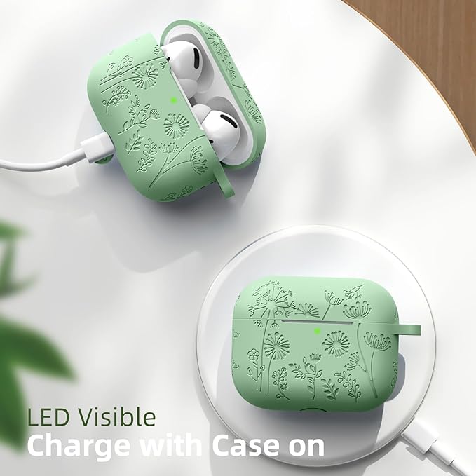 Lerobo Flower Engraved Cover for Airpod Pro 2 Case, Cute Silicone Skin Full Protective Cover Compatible with Apple Airpods Pro 2nd/1st Generation Case with Keychain