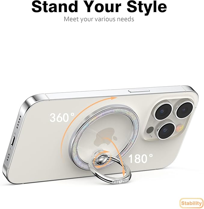 Allengel Magnetic Phone Grip for MagSafe, Magnetic Ring Holder Compatible with MagSafe Phone Ring, 360°Rotating Finger Kickstand for iPhone 16 Pro Max 15 14 13 12 Plus & Android Phone(Bling Silver)