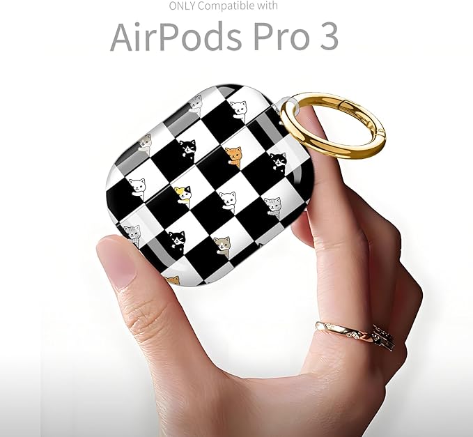 Compatible with AirPod Pro 3rd Generation Case 2025,Fashion Protective Cover with Keychain, Anti-Scratch, Drop Protection,Shockproof Cover for AirPod Pro 3 Women(Black White Checkered Cat)