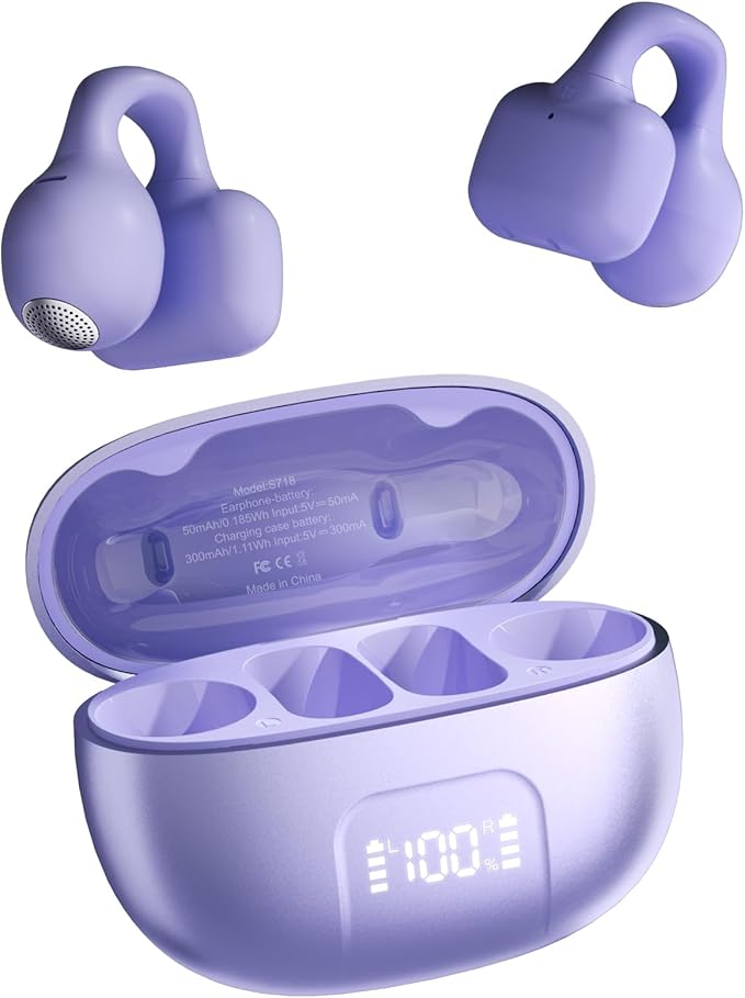 Clip On Earbuds,Open Ear Headphones Mini Bone Conduction Headphones IPX6 Waterproof Bluetooth Earbuds, Bluetooth 5.4 Ear Clip Earphones for Running Walking, Workout - Purple