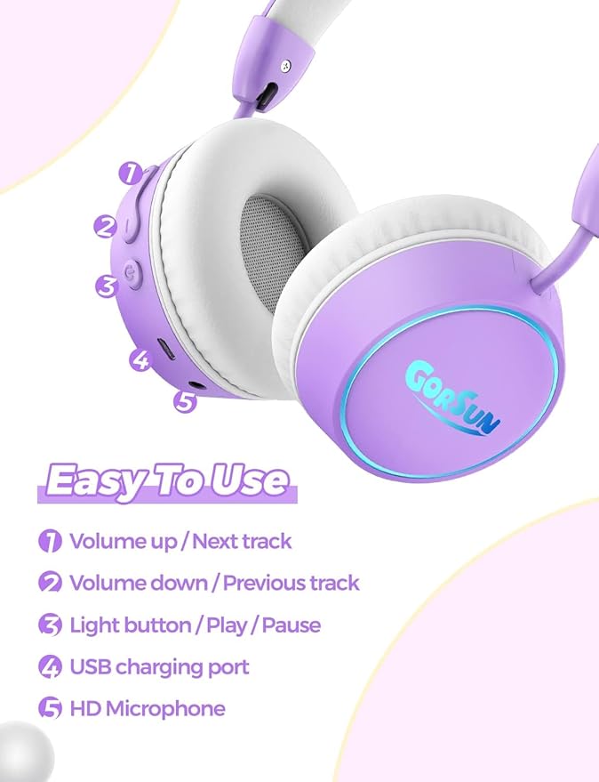 gorsun Kids Bluetooth Headphones, 85dB Volume Limited, 68 Hours Playtime, Bluetooth 5.4, Colorful LED Lights Toddler Headphones Wireless with Microphone, Birthday Gift for 1-13 Year Olds (Purple)