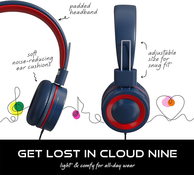 MYZI Kids Headphones with Cord, Foldable Over Ear Headphones for Kids with Microphone, Tangle-Free Wired 85dB Safe Volume Toddler Headphones for iPad, School, and Airplane – Navy