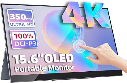 Upperizon Portable Monitor 15.6 inch 4K UHD 3840X2160 100000:1 100% DCI-P3 60Hz OLED Touchscreen HDR HDMI USB-C Travel Monitor for Laptop MacBook PC Surface PS5 Xbox, External Display with Kickstand