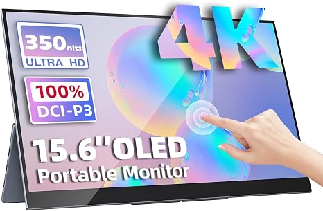 Upperizon Portable Monitor 15.6 inch 4K UHD 3840X2160 100000:1 100% DCI-P3 60Hz OLED Touchscreen HDR HDMI USB-C Travel Monitor for Laptop MacBook PC Surface PS5 Xbox, External Display with Kickstand