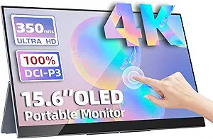 Upperizon Portable Monitor 15.6 inch 4K UHD 3840X2160 100000:1 100% DCI-P3 60Hz OLED Touchscreen HDR HDMI USB-C Travel Monitor for Laptop MacBook PC Surface PS5 Xbox, External Display with Kickstand