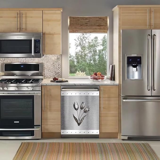Artificial Metal Effect Dishwasher Cover Magnet Kitchen Decor, Stainless Steel Flower Effect Dishwasher Magnet Cover Front Door Panel Decal, Refrigerator Magnetic Decals 23'' W x 26'' H