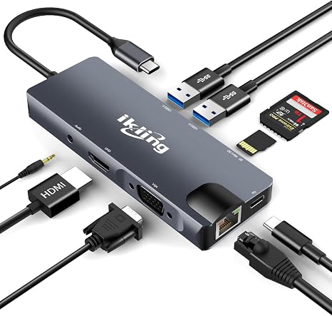 ikling USB C Hub, 9-in-1 USB C Adapter with 4K USB C to HDMI, VGA, Gigabit Ethernet, 100W PD, 2 USB-A 5 Gbps, MicroSD/SD Card Reader, USB C Dock for Most Type-C Devices