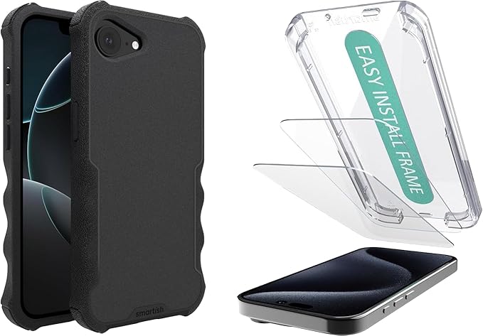 Smartish iPhone 17e/16 MagSafe Case + 2-Pack Tempered Glass Screen Protector Bundle - Gripzilla + Tuff Sheet - Protective Magnetic Case with Screen Protection - Black