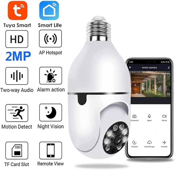 NUSET Smart WiFi Camera, E27 Bulb Security Camera with Pan -Tilt Panoramc View, 2MP, 2 Packs, White