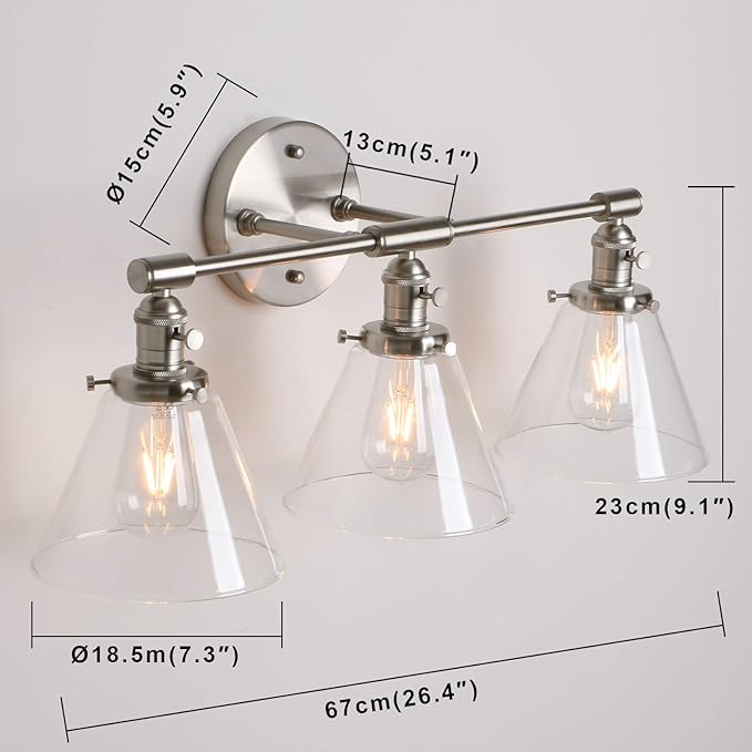Permo Vintage Industrial Antique Three-Light Wall Sconces with Funnel Flared Clear Glass Shade (Brushed)