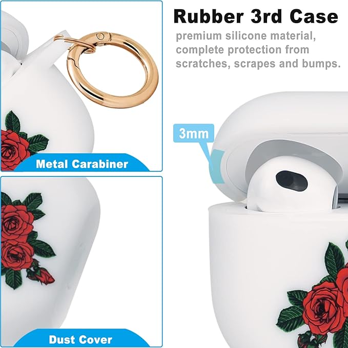 Flower Silicone Compatible with AirPods 3 Case 2021, Gawnock Soft Case Cover Compatible with AirPods 3rd Generation Floral Print Cover for Women Girls with Keychain (Rose Flower)