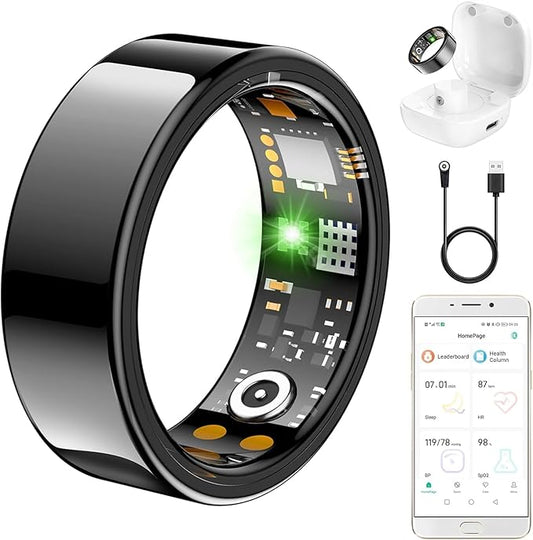 Ring Health Tracker for women Men, Fit Ring with Heart Rate, Blood Oxygen, Sleep Monitor, Calories, Step Counter, IP68 Waterproof Smart Ring for iPhone & Android.No Subscription Fee (Black, 12#)