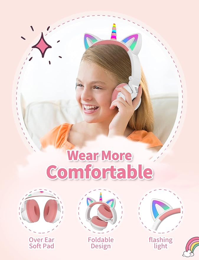 Unicorn Kids Headphones for Girls, Unicorn Bluetooth Headphones Foldable for Girls Toddlers Tablet/pad/Amazon fire,Light Up Kids Wireless Headphone Birthday Gifts (White Pink)