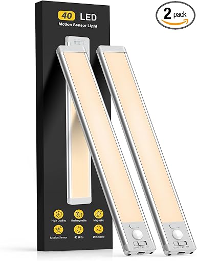 MCGOR 10inch Under Cabinet Lighting, 2 Pack Rechargeable Motion Sensor Light Indoor, 5 Levels Dimmable Magnetic Closet Lights, Wireless Under Counter Lights for Kitchen, Stairs