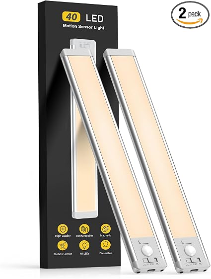 MCGOR 10inch Under Cabinet Lighting, 2 Pack Rechargeable Motion Sensor Light Indoor, 5 Levels Dimmable Magnetic Closet Lights, Wireless Under Counter Lights for Kitchen, Stairs