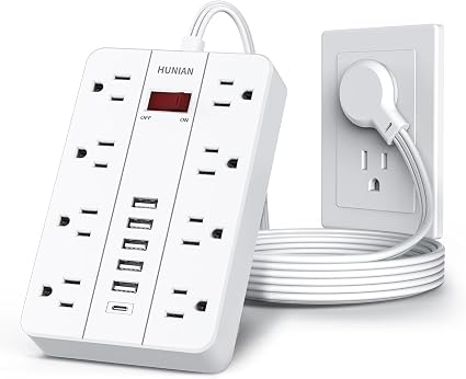 Power Strip with USB, HUNIAN Flat Plug Extension Cord, 5Ft, White