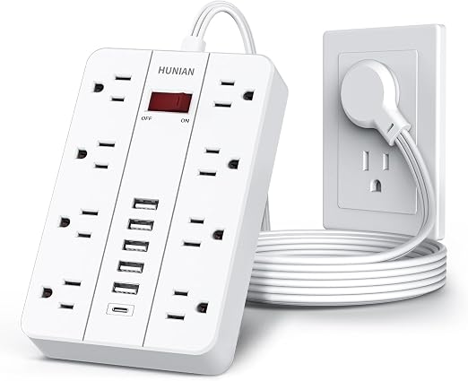 Power Strip with USB, HUNIAN Flat Plug Extension Cord, 5Ft, White