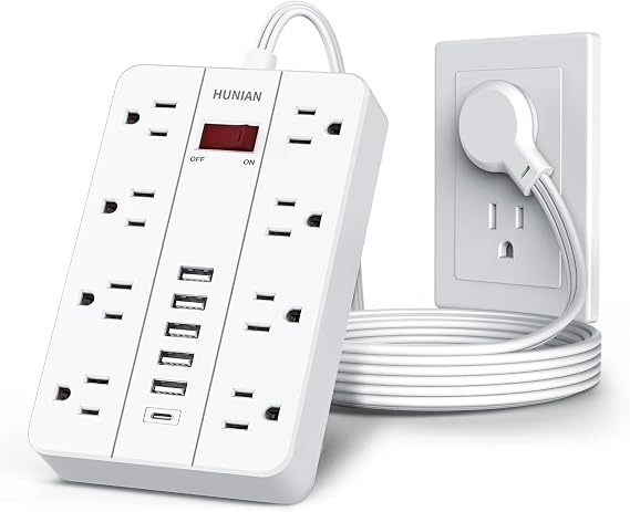 Power Strip with USB, HUNIAN Flat Plug Extension Cord, 5Ft, White