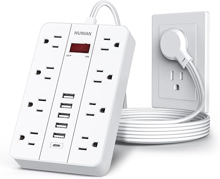 Power Strip with USB, HUNIAN Flat Plug Extension Cord, 5Ft, White
