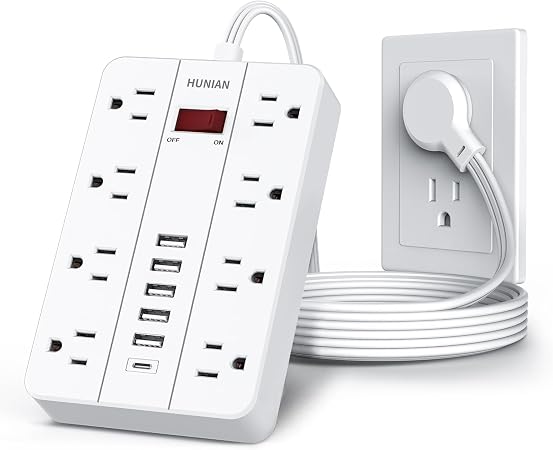 Power Strip with USB, HUNIAN Flat Plug Extension Cord, 5Ft, White