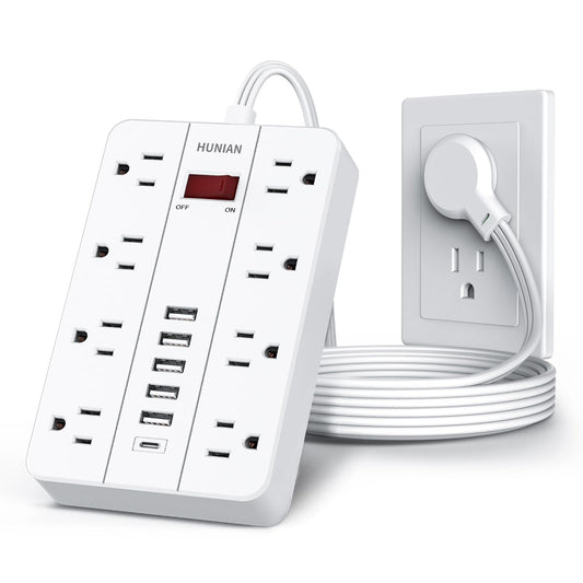 Power Strip with USB, HUNIAN Flat Plug Extension Cord, 5Ft, White