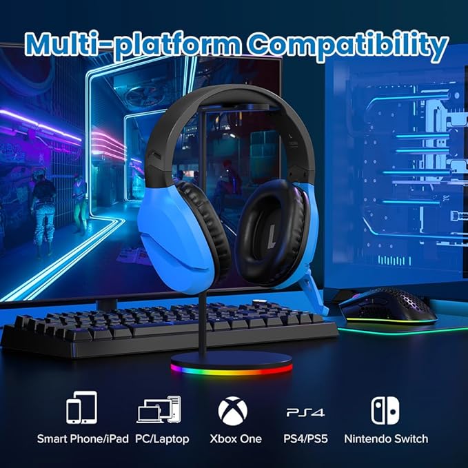 Wireless Gaming Headset with Noise Canceling Microphone for PS5, PC, PS4, 2.4G/Bluetooth Gaming Headphones with USB and Type-c Connector, Wired Mode for Controller - Blue