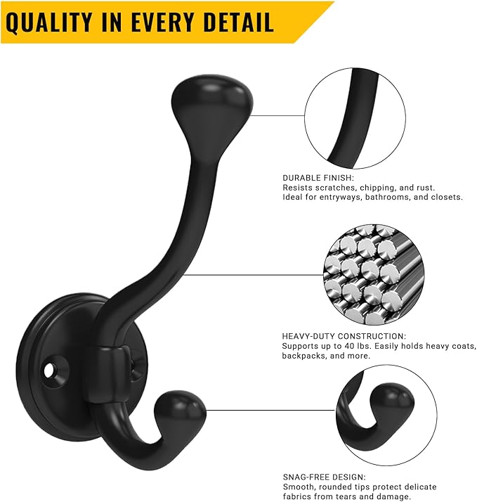 4 Pack Wall Hooks for Hanging, Heavy Duty Coat Hook Wall Mount, Easy to Install Metal Closet Hooks, Apply to Bathrooms, Bedrooms, Living Rooms, Entrances（Black）