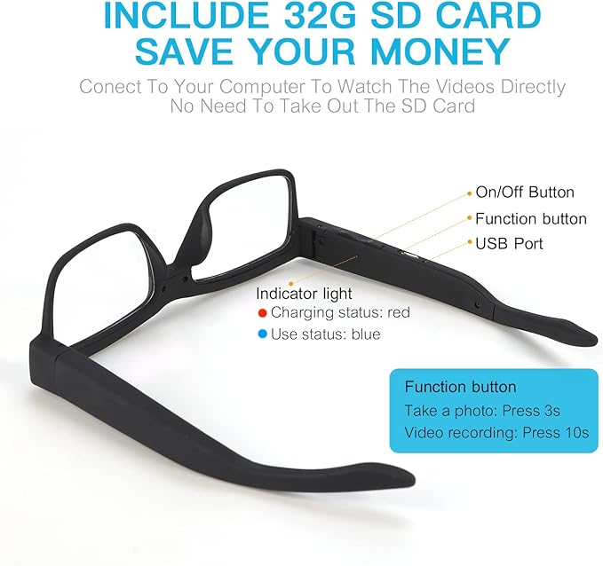 1080p HD Camera Smart Video Recording Glasses-Outdoor Sport Glasses with Camera Wearable Eyeglass (Include 32G Memory Card)